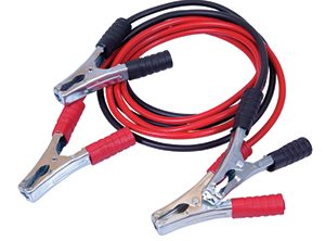A set of black and red Jumper cables. Learn about which basic items you should include in your roadside emergency kit.