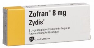 A yellow and white Zofran 8 mg box. Zofran dangerous and defective drug side effects.