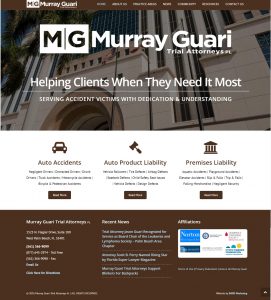 This is the home page of Murray Guari's website showing their logo, contact information and main practice areas Auto Accidents, Auto Product Liability and Premises Liability.