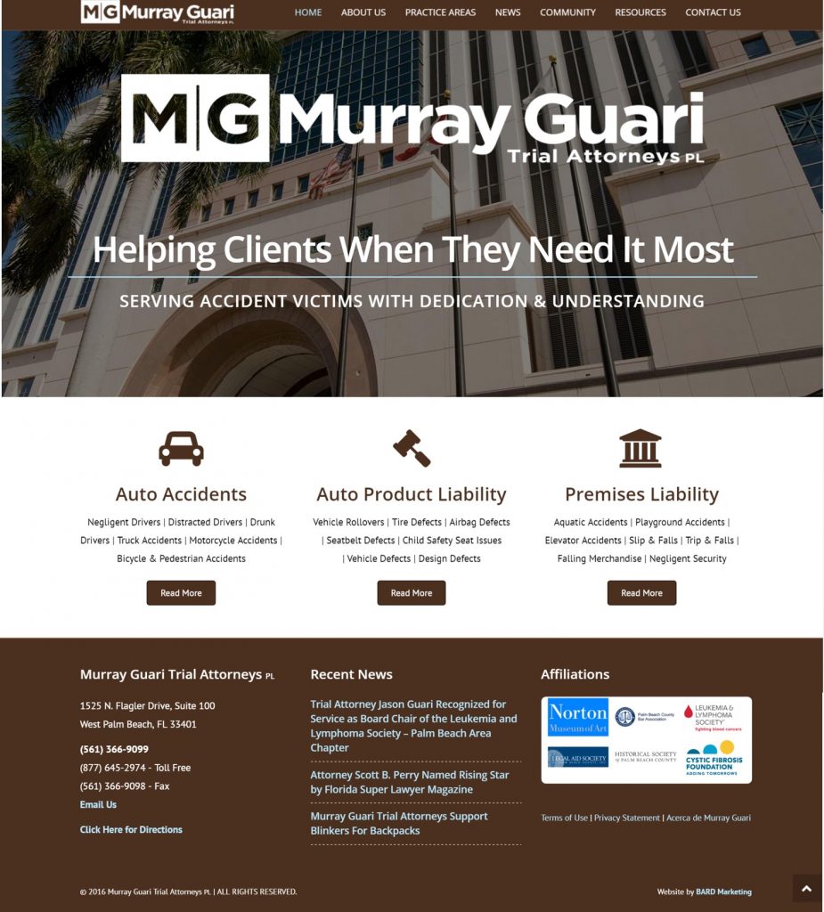 This is the home page of Miurray Guari's website showing their logo, contact information and main practice areas Auto Accidents, Auto Product Liability and Premises Liability.