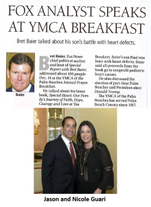2016 YMCA Breakfast Shiny Sheet photos - Speaker Bret Baier and another event photo of attendees Jason & Nicole Guari.