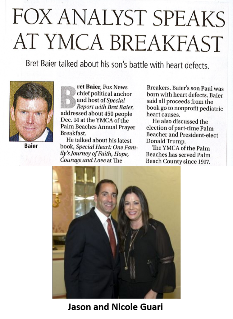 2016 YMCA Breakfast Shiny Sheet photos - Speaker Bret Baier and another event photo of attendees Jason & Nicole Guari.