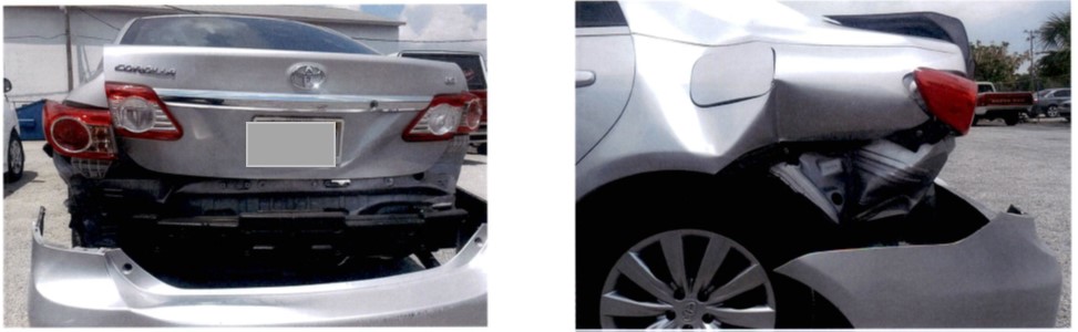 Grey automobile with rear-end damage. Fount and side view with vehicle bumber on the ground.