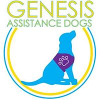 Genesis Assistance Dogs Logo with a Blue Dog with Purple Assistance Vest on.