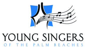 Blue, Black and White logo of the Young Singers of the Palm Beaches - theater curtains add musical notes