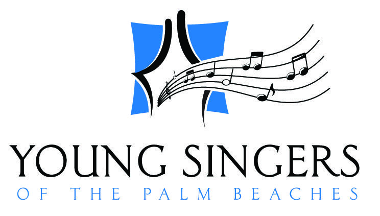 Blue, Black and White logo of the Young Singers of the Palm Beaches - theater curtains add musical notes