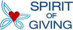 Spirit of Giving Logo, blue and white with a butterfly and red heart