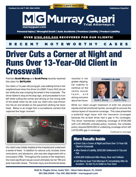 Cover of the Spring 2023 Newsletter - Lead story Driver Cuts A Corner at Night and Runs Over a 13-Year Old Client in Crosswalk