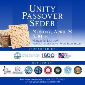 Unity Passover Seder Poster with date, location, sponsors and hosts.