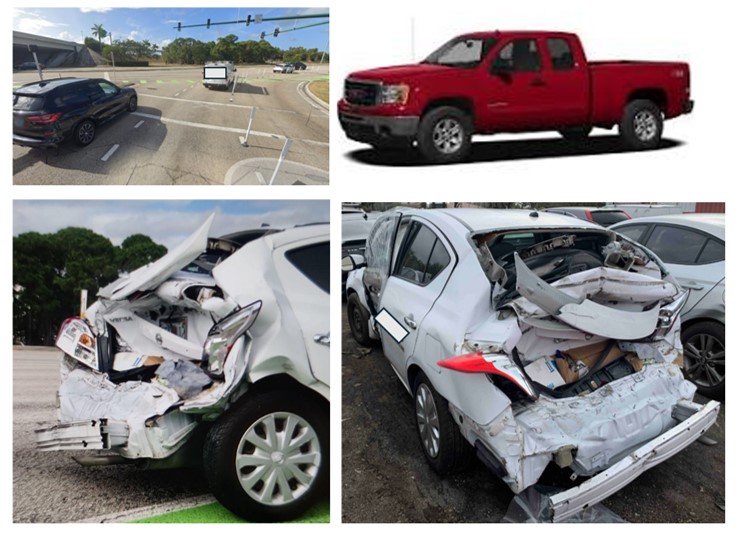 A group of four photos of vehicles involved in a recent motor vehicle accident with a lot of damage.