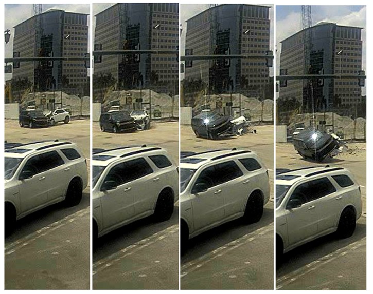 Series of photos showing two vehicles involved in a rollover