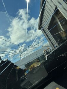 Accident vehicle with major cracked windshield damage
